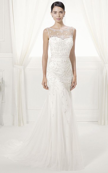 Jewel Neck V Back Sheath Tulle Wedding Gown With Appliques