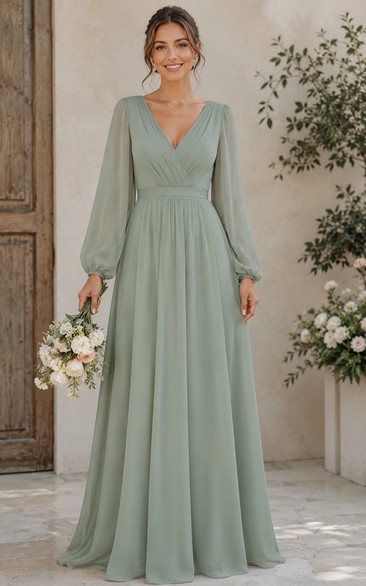 Sage Long Sleeve V-neck A-Line Chiffon Bridesmaid Dress