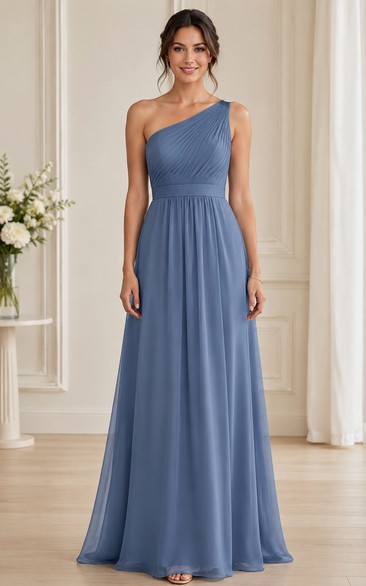 Steel Blue One-Shoulder A-Line Chiffon Bridesmaid Dress