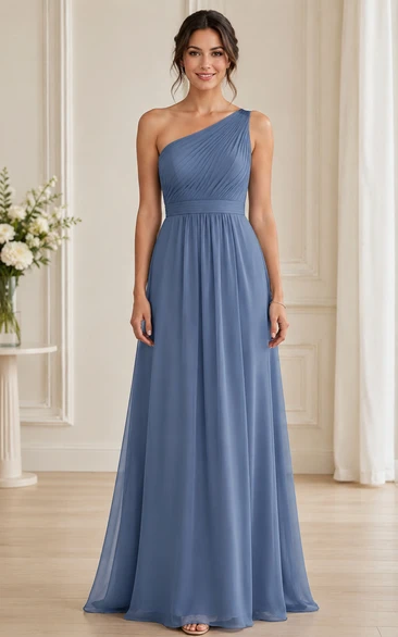 Steel Blue One-Shoulder A-Line Chiffon Bridesmaid Dress
