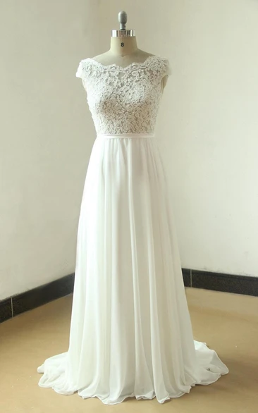 Ivory A Line Chiffon Sheer Lace Wedding With Scallop Back Dress