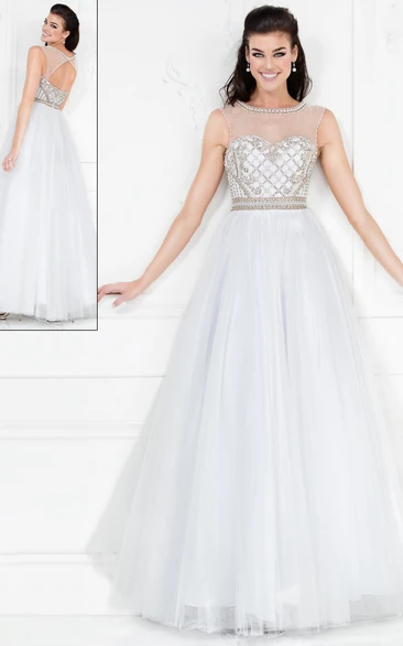 A-Line Bateau Sleeveless Tulle Keyhole Dress With Beading And Pleats