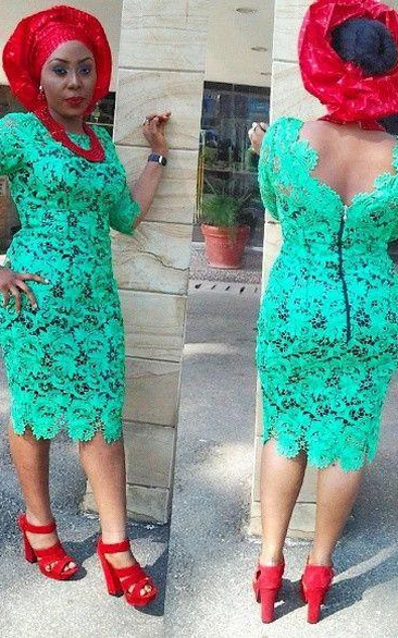 Green Half Sleeve Cocktail Dress Lace Sheath