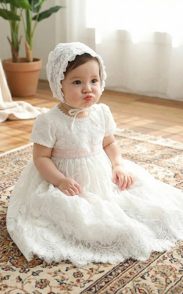 Christening White Baby Flower Girl Dress Lace Short Sleeve Gown