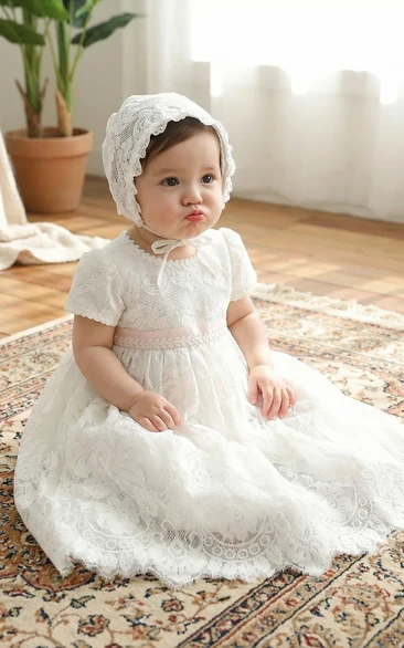 Christening White Baby Flower Girl Dress Lace Short Sleeve Gown
