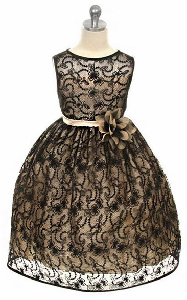 Illusion Tea-Length Tiered Lace&Satin Flower Girl Dress