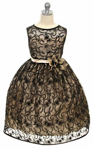 Illusion Tea-Length Tiered Lace&Satin Flower Girl Dress