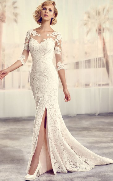 Floor-Length Scoop Split-Front Long-Sleeve Lace Vintage Wedding Dress