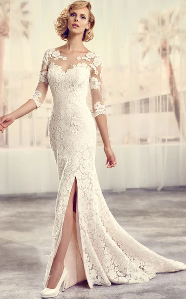 Floor-Length Scoop Split-Front Long-Sleeve Lace Vintage Wedding Dress