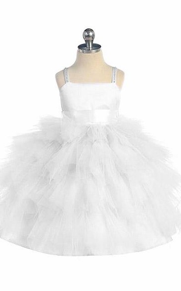 Spaghetti Tea-Length Beaded Tulle&Satin Flower Girl Dress
