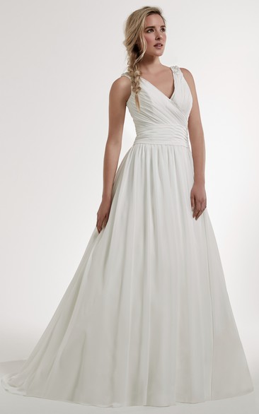 A-Line Sleeveless Ruched Long V-Neck Chiffon Wedding Dress With Illusion Back And Epaulet