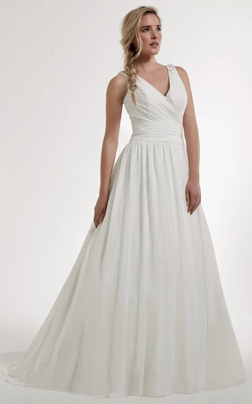 A-Line Sleeveless Ruched Long V-Neck Chiffon Wedding Dress With Illusion Back And Epaulet