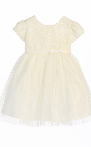 Tea-Length Bowed Lace&Satin Flower Girl Dress