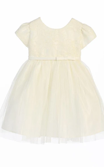Tea-Length Bowed Lace&Satin Flower Girl Dress