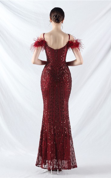 Evening Dress Craft Rhinestone Handmade Beaded Ostrich Feather Diagonal Collar One Shoulder Dress