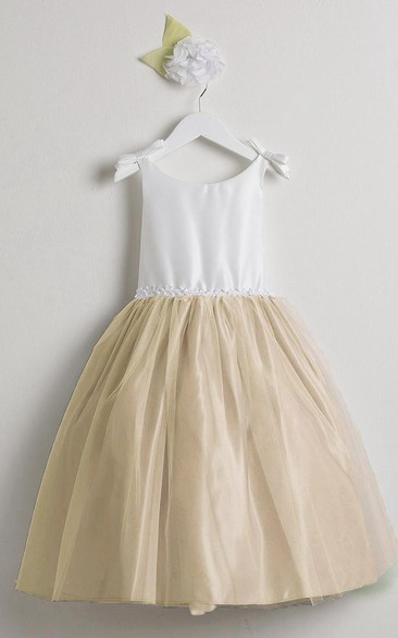 Tea-Length Sleeveless Bowed Tulle&Satin Flower Girl Dress