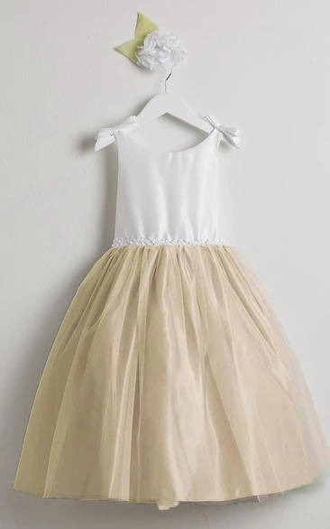 Tea-Length Sleeveless Bowed Tulle&Satin Flower Girl Dress
