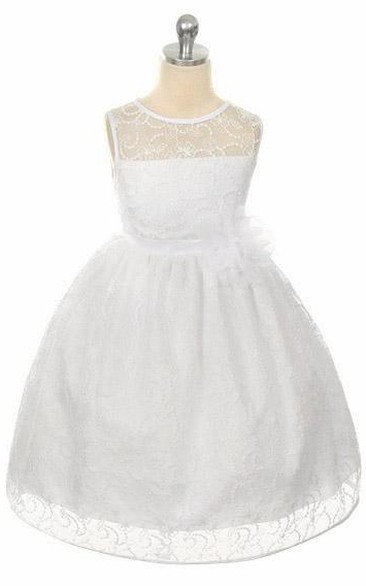 Illusion Tea-Length Tiered Lace&Satin Flower Girl Dress