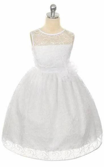Illusion Tea-Length Tiered Lace&Satin Flower Girl Dress