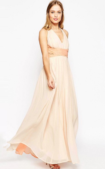 V-Neck Pleated Sleeveless Chiffon Bridesmaid Dress With Straps