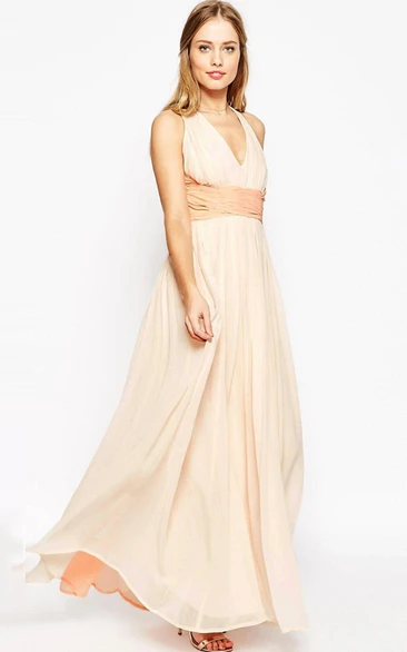 V-Neck Pleated Sleeveless Chiffon Bridesmaid Dress With Straps