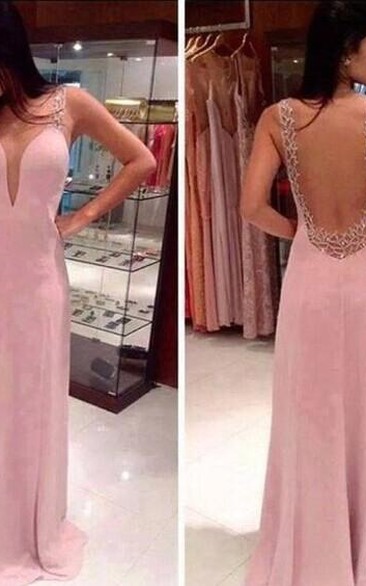 Prom Dresses Deep V Neck Straps Pink Sheer Back Beading Sweep Train Evening Giowns