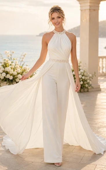 Halter Bridal Jumpsuit with Flowing Chiffon Overskirt Train
