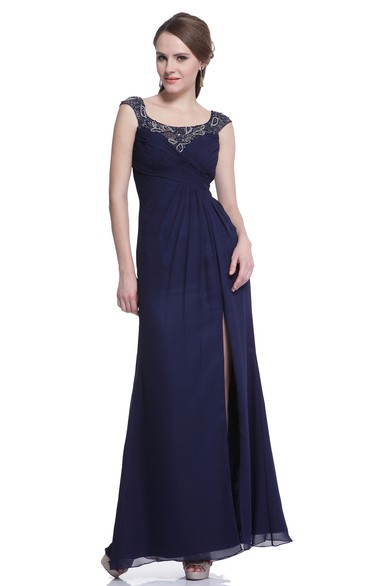 Sheath Cap-Sleeve Chiffon Illusion Dress With Beading And Split Front