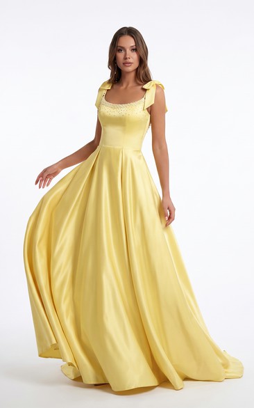 Daffodil Satin A-Line Ball Gown Prom Dress with Bow Straps and Beaded Bodice