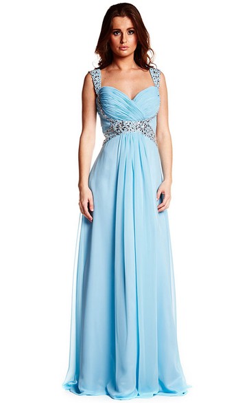 Sleeveless Strapped Criss-Cross Chiffon Prom Dress With Beading