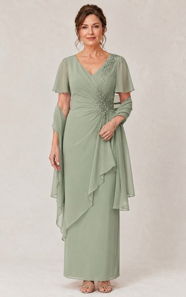 A-Line V-Neck Short Sleeve Chiffon Mother Dress with Cape