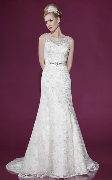Maxi Bateau Bowed Appliqued Satin Wedding Dress With Court Train And V Back
