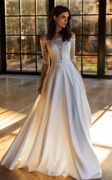 Sexy Off-the-shoulder A Line Satin and Lace Sweep Train Modest Wedding Dress