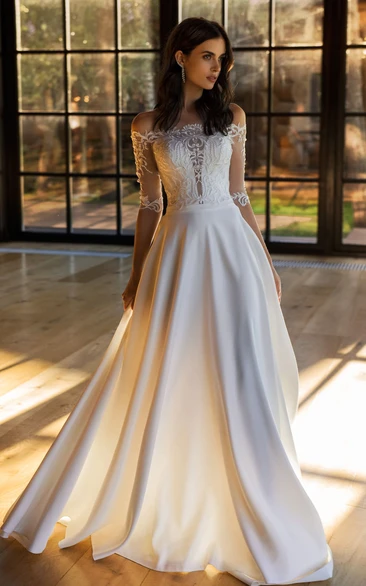 Sexy Off-the-shoulder A Line Satin and Lace Sweep Train Wedding Dress