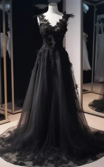 Black V-neck Empire A-line Tulle Lace Applique Ethereal Prom Wedding Dress