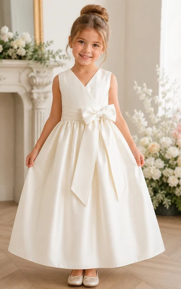 V-Neck Bowed Sleeveless Flower Girl Dress