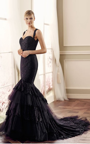 Trumpet Straps Sleeveless Tiered Floor-Length Lace Wedding Dress With Illusion Back And Appliques