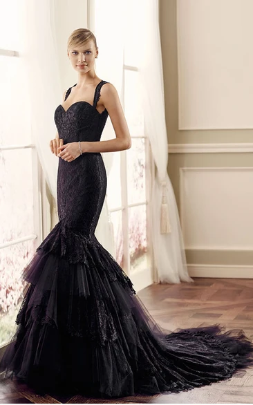 Trumpet Straps Sleeveless Tiered Floor-Length Lace Wedding Dress With Illusion Back And Appliques