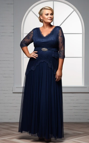 Lace V-neck Chiffon Pleated Empire Plus Size Mother of Bride Dress