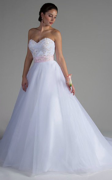 Crystal Applique Bodice Tulle Bridal Ball Gown With Pink Floral Sash