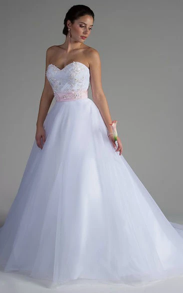 Crystal Applique Bodice Tulle Bridal Ball Gown With Pink Floral Sash