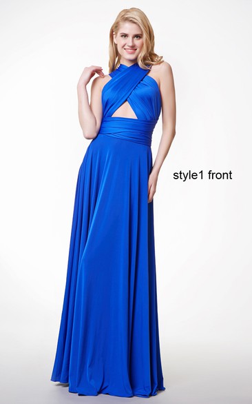 Changeable Criss Cross Halter Neck Ruched Long Jersey Gown With Pleats