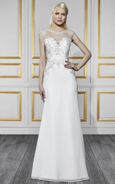 Sheath Sleeveless Jewel-Neck Embroidered Long Satin&Tulle Wedding Dress With Beading And Illusion