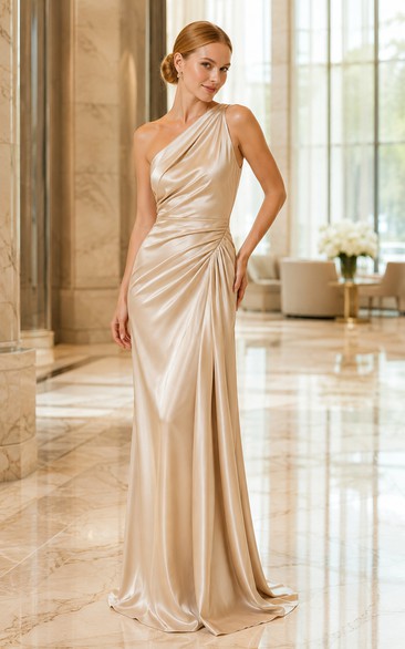 Champagne One-Shoulder Satin Sheath Evening Dress with Side Drape and Sweep Train