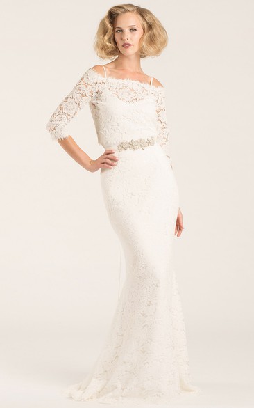 Floor-Length Off-The-Shoulder Half Sleeve Jeweled Lace Wedding Dress