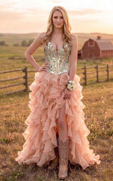 Dusty Rose Country Ruffled Long Layered Prom Dress with Beadings
