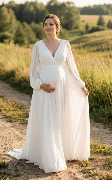 White Long Sleeve Chiffon Maternity Wedding Dress with V Neck