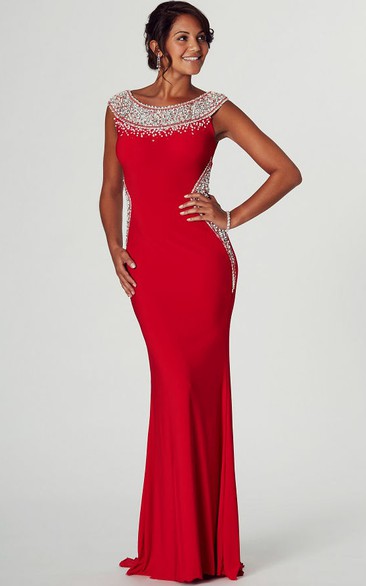 Floor-Length Pencil Sleeveless Scoop Neck Beaded Jersey Prom Dress