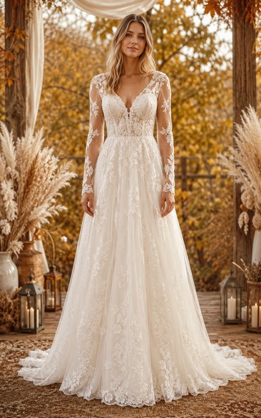 Boho A-Line Wedding Dress Long Sleeve V-Neck Tulle Lace Applique Floor Length Chapel Train Ivory