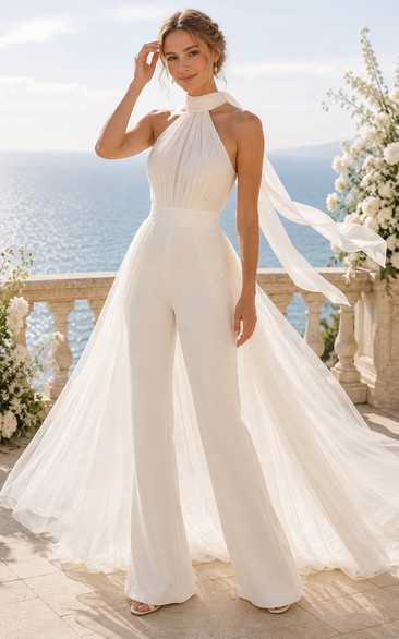 Ivory Halter Wedding Jumpsuit with Flowing Tulle Overskirt